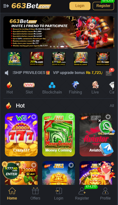 633Bet app main screen with invite bonus and featured games