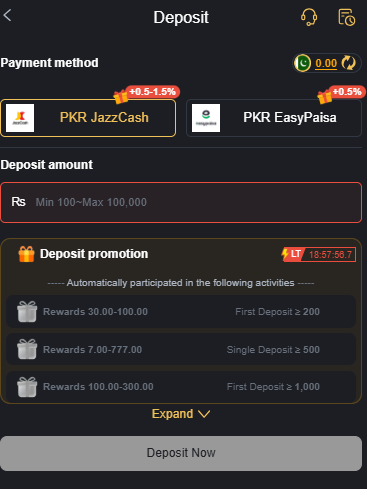 depositing page of 663bet game with options of jazzcash and easypaisa.
